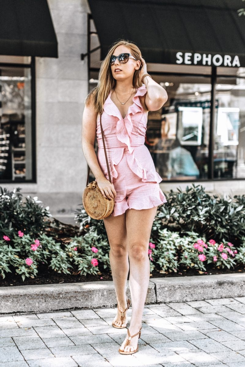 Pink Romper + Round Rattan Bag