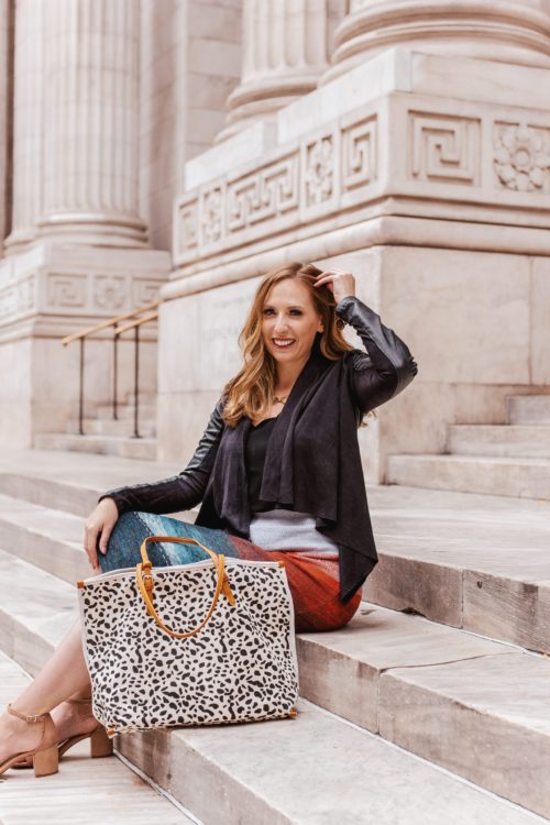 Colorful Fall Skirt + Leather Jacket