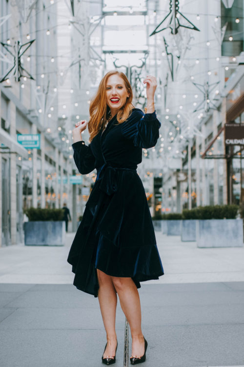 Blue Velvet Wrap Dress + Beaded Bag