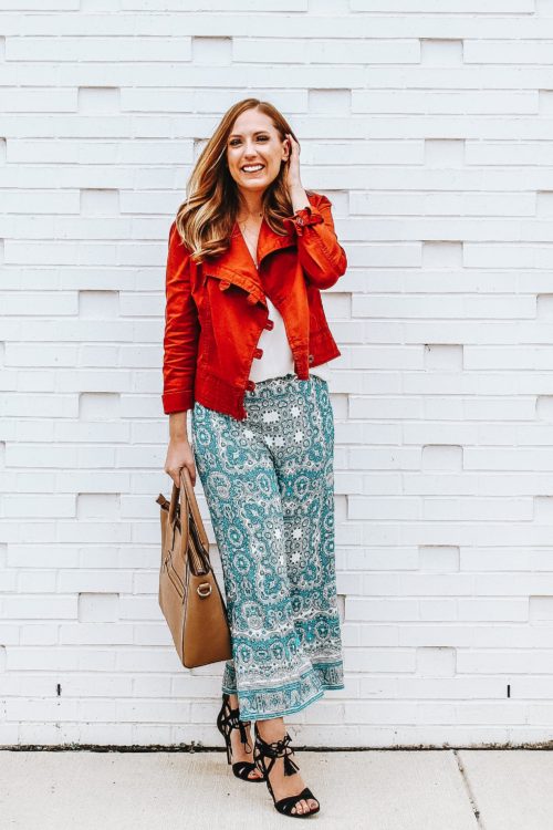 Blue Print Pants + Rust Colored Jacket