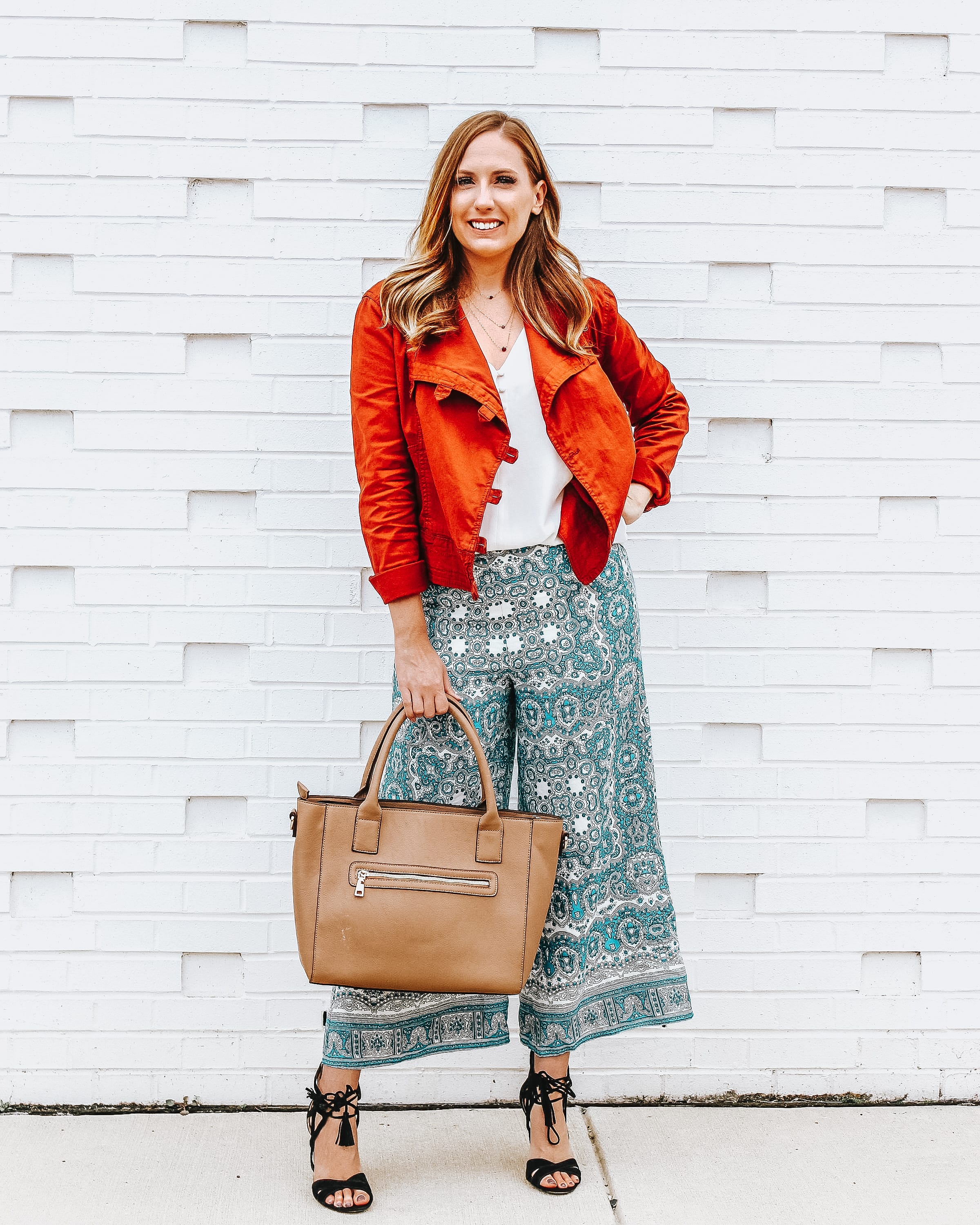 rust jacket and blue print jacket