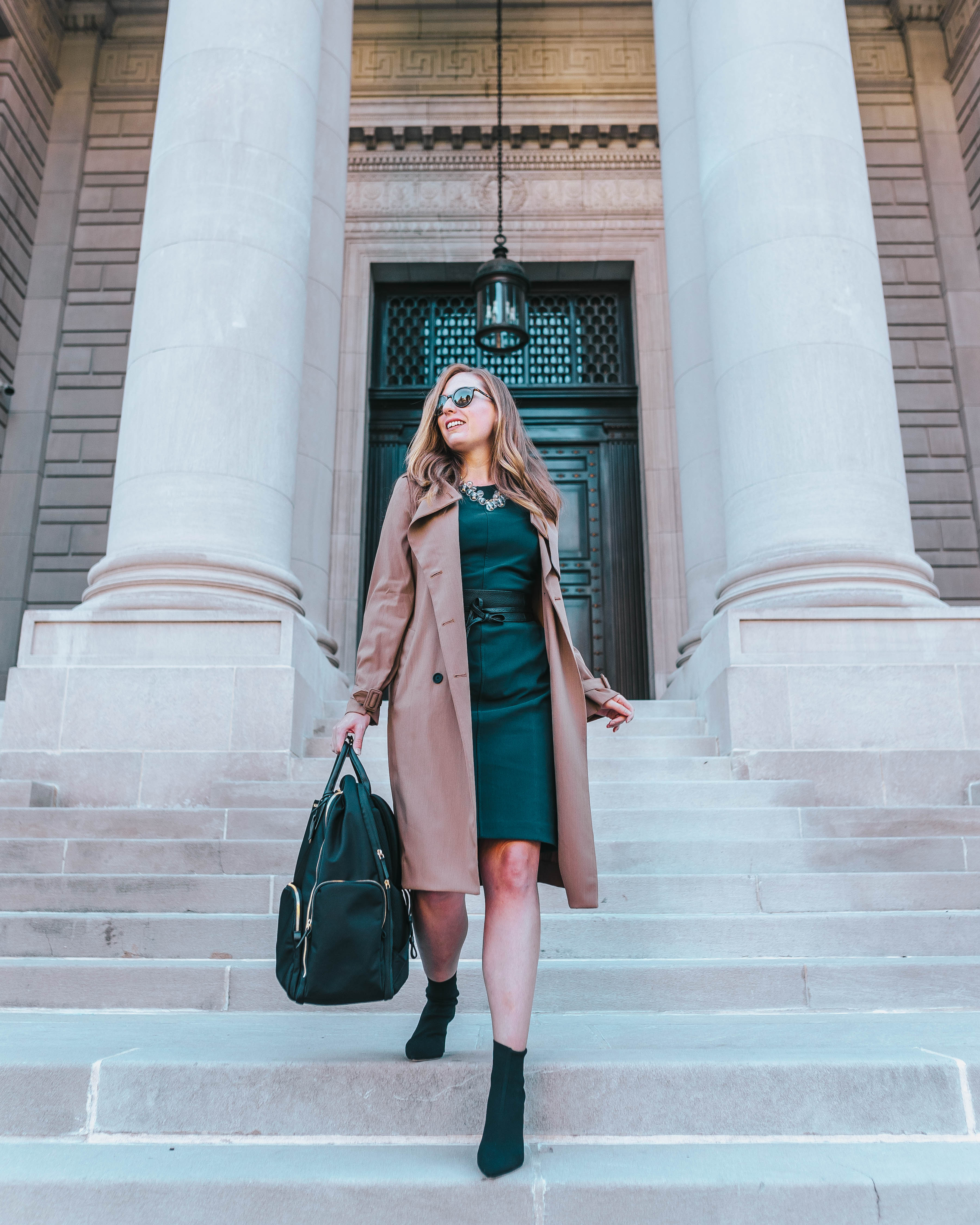 power outfit walking down stairs