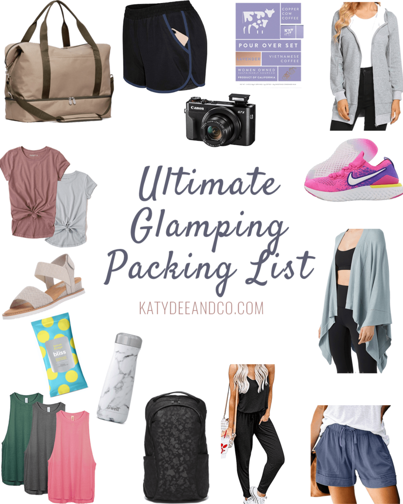 collage of glamping packing list items